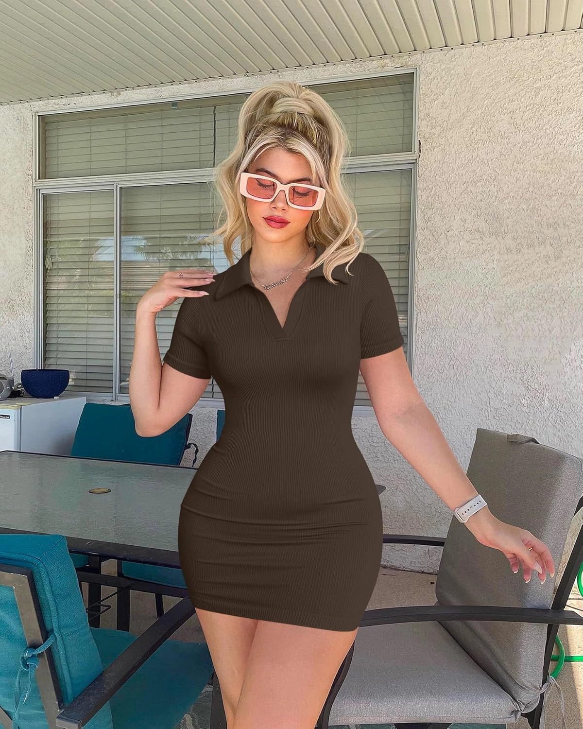 OQQ Women's Mini Dresses Sexy Ribbed Short Sleeve Tummy Control Bodycon Mini Dress