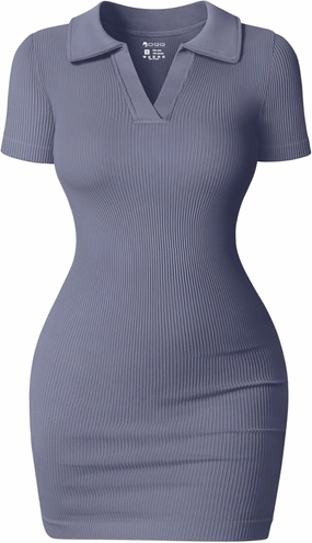 OQQ Women's Mini Dresses Sexy Ribbed Short Sleeve Tummy Control Bodycon Mini Dress