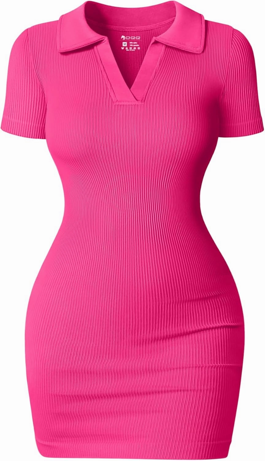 OQQ Women's Mini Dresses Sexy Ribbed Short Sleeve Tummy Control Bodycon Mini Dress
