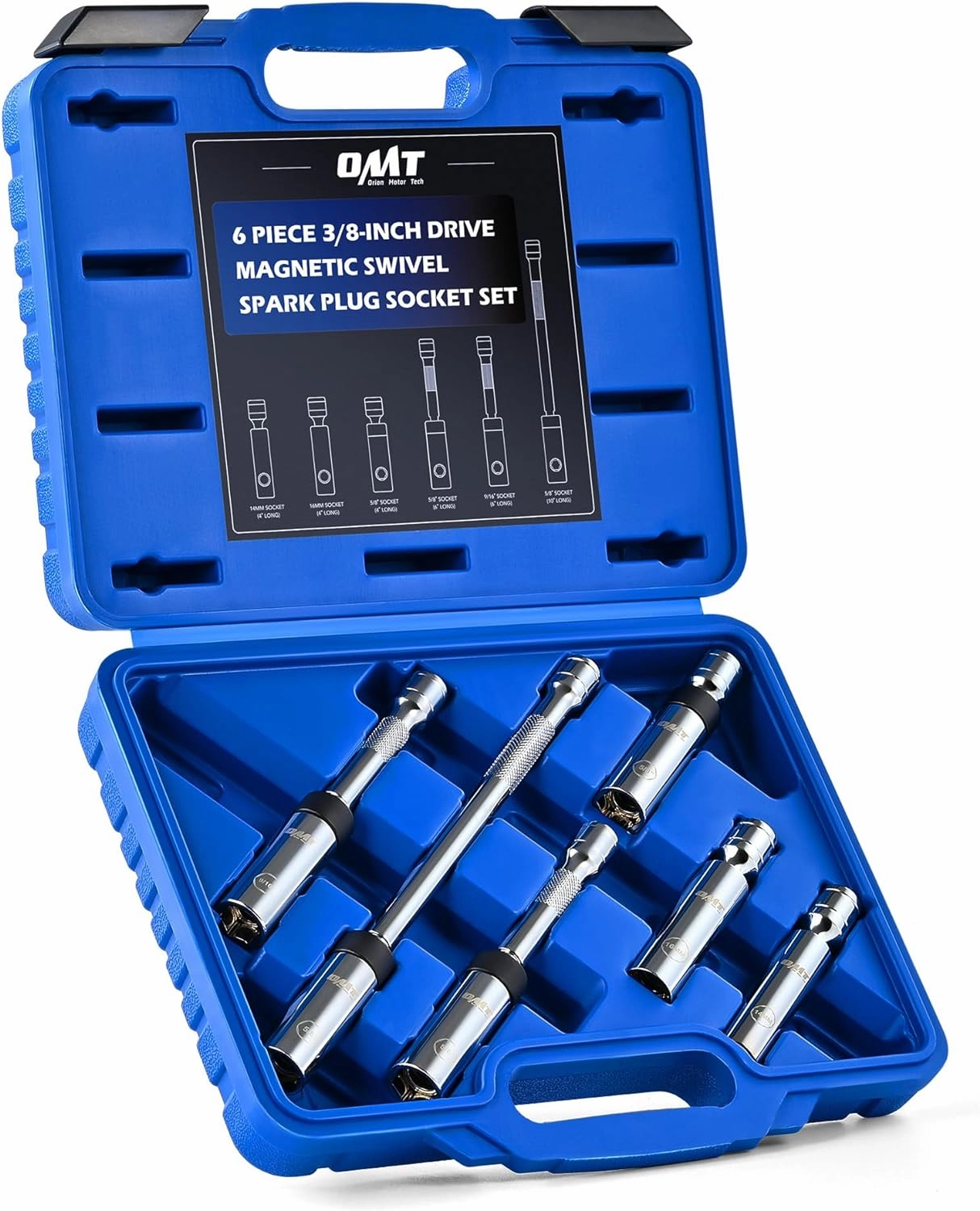 Orion Motor Tech 6pc 3/8" Drive Magnetic Swivel Spark Plug Socket Set, Thin Wall Spark Plug Sockets with 9/16" 5/8" 14mm 16mm Sizes, Cr-V Steel Magnetic Spark Plug Socket Set with 6 Point & 12 Point