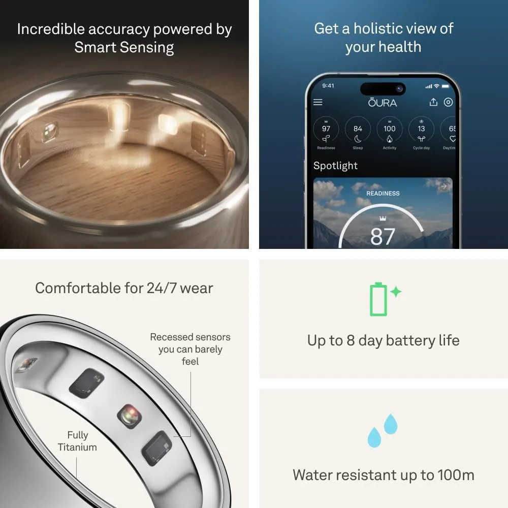 Oura Ring 4 - Silver - Size 7 - Smart Ring - Size First with Oura Ring 4 Sizing Kit - Sleep Tracking Wearable - Heart Rate - Fitness Tracker - Up to 8 Days of Battery Life