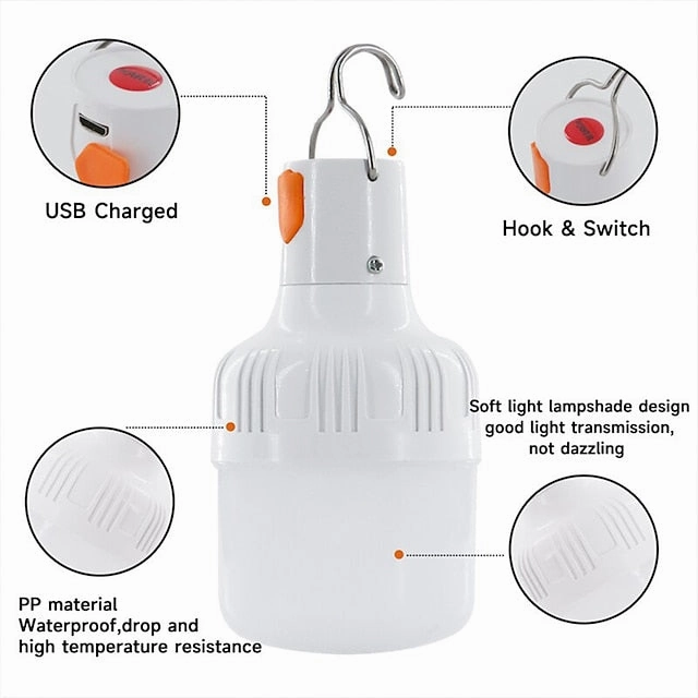 Outdoor USB Rechargeable LED Lamp Bulbs 60W Emergency Light Hook Up Camping Fishing Portable Lantern Night Lights