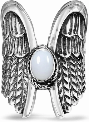 Oval Genuine Gemstone Angel Wings Wide Band Ring,Retro S925 Sterling Silver Natural Full Finger Chunky Statement Band Ring for Women