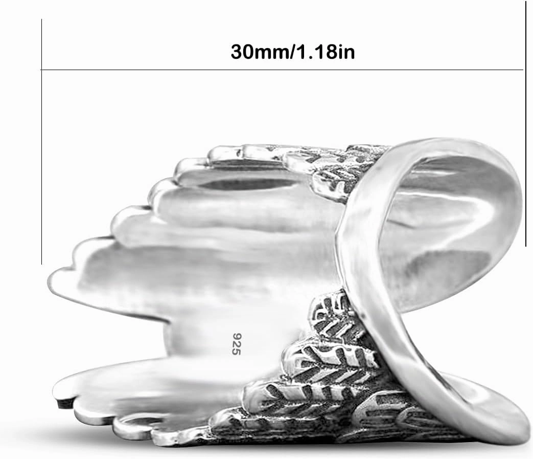 Oval Genuine Gemstone Angel Wings Wide Band Ring,Retro S925 Sterling Silver Natural Full Finger Chunky Statement Band Ring for Women