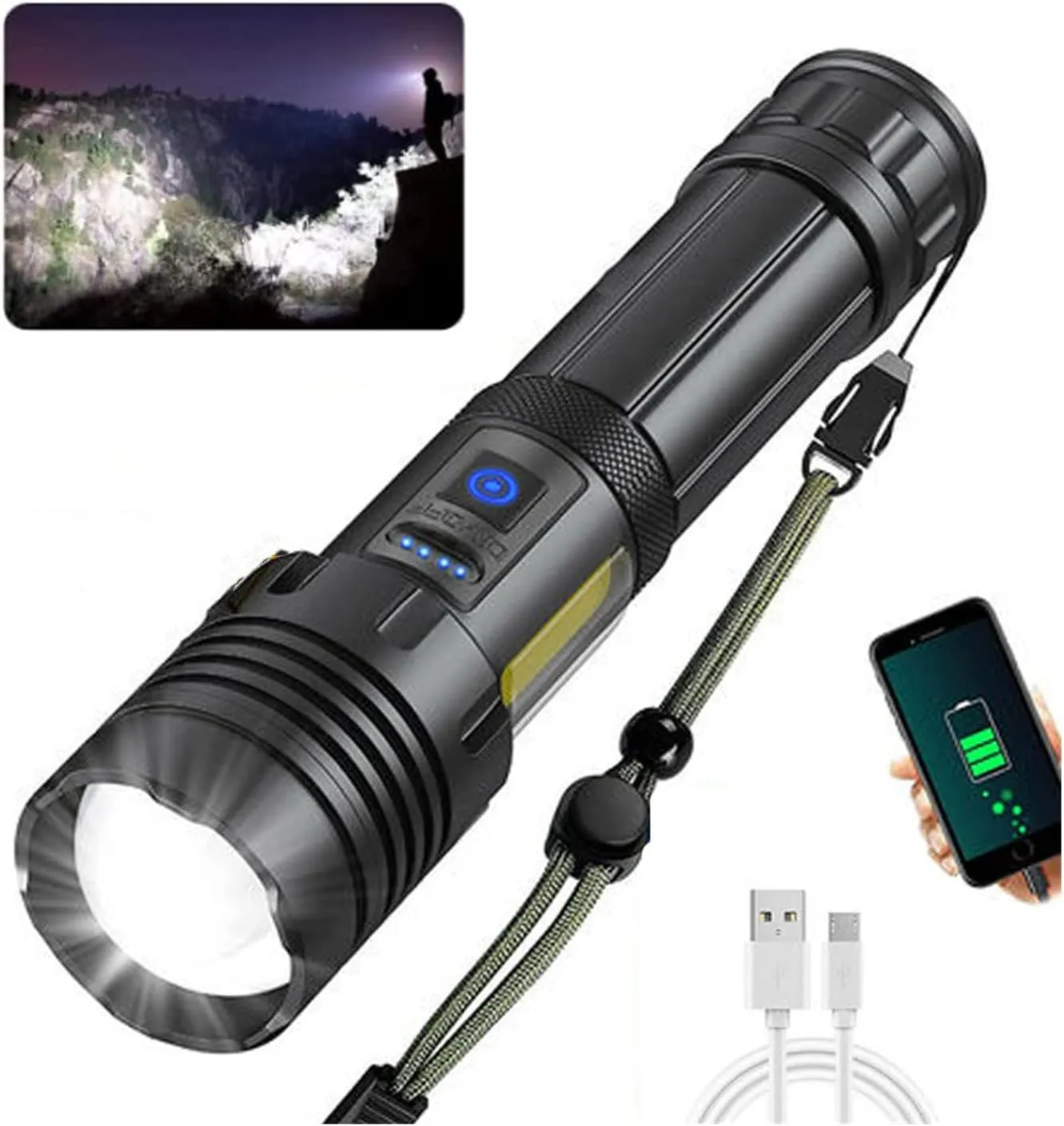 P160 Rechargeable Led Flashlights High Lumens,Super Bright 100000 Lumen Zoomable Flashlight,with USB Cable & 7 Modes,IPX4 Waterproof Handheld Powerful Flash Light