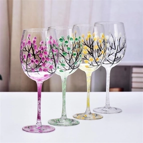 Pack of 4 Four Seasons Tree Wine Glasses Hand Painted Wine Glass with Stemmed Fall Leaves Flower Seasons Colored Wine Glasses for Home Office Decor Ornament Gifts