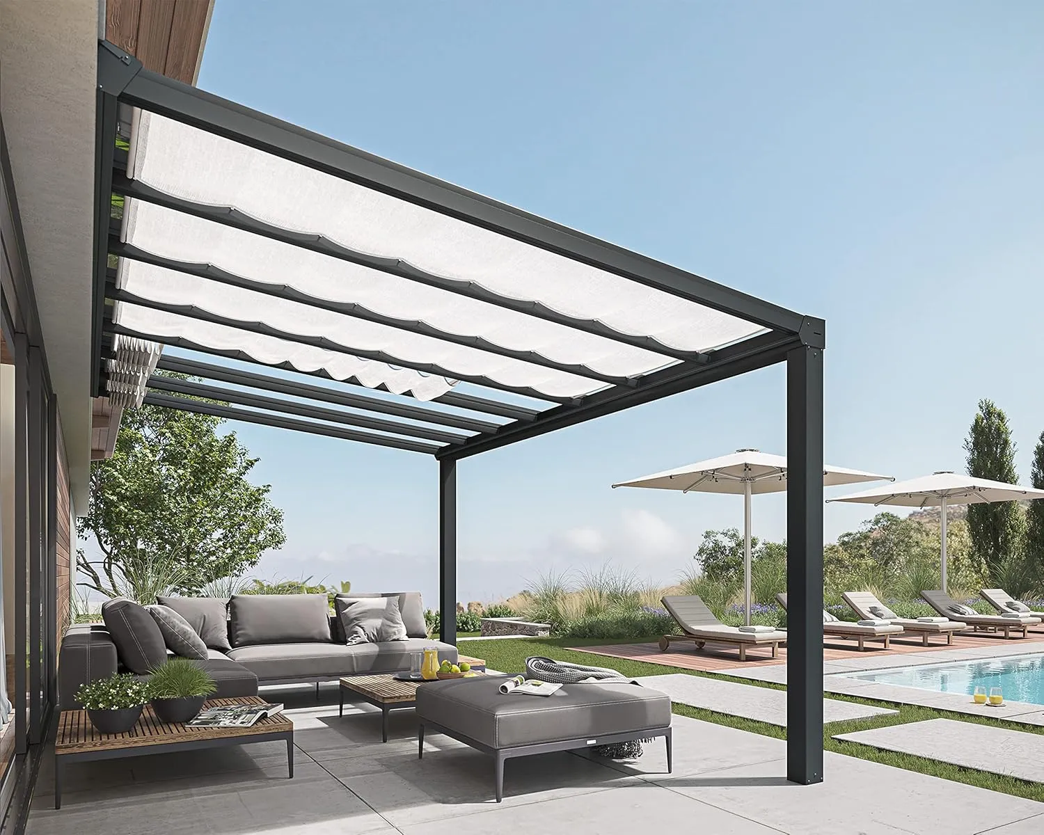 Palram - Canopia Stockholm Patio Cover Roof Blinds 11 Ft. x 19 Ft. Ceiling Curtains to Provide Customizable Shade, Heat Control, and Elegance, Pull Rod, Linen-Like Fabric, DIY (Blinds ONLY)