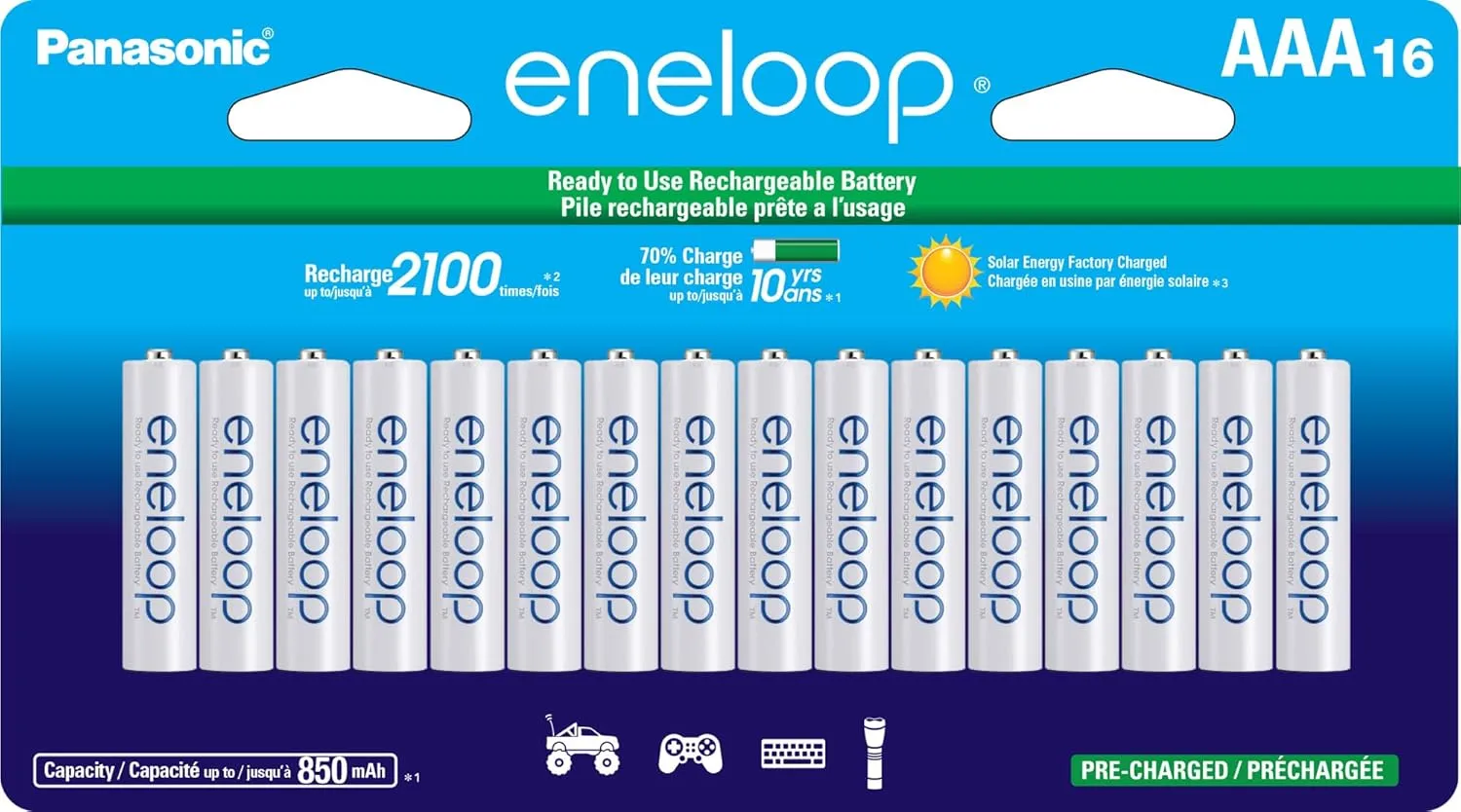 Panasonic BK-4MCCA16FA eneloop AAA 2100 Cycle Ni-MH Pre-Charged Rechargeable Batteries, 16 Pack