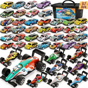 Party Favors Toy Cars for Boys with Storage Box, 67Pcs Pull Back Race Cars Bulk, Treasure Box Toys for Classroom Goodie Bag Stocking Stuffers for Kids Toddler Vehicles Mini Fidget Toys