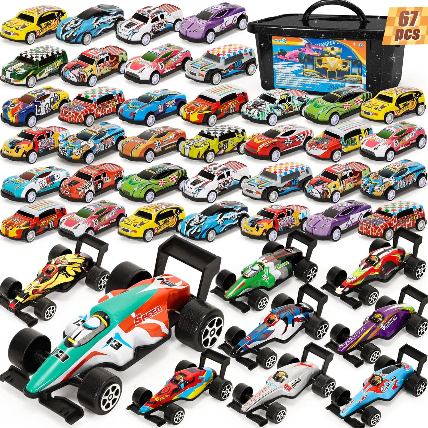 Party Favors Toy Cars for Boys with Storage Box, 67Pcs Pull Back Race Cars Bulk, Treasure Box Toys for Classroom Goodie Bag Stocking Stuffers for Kids Toddler Vehicles Mini Fidget Toys