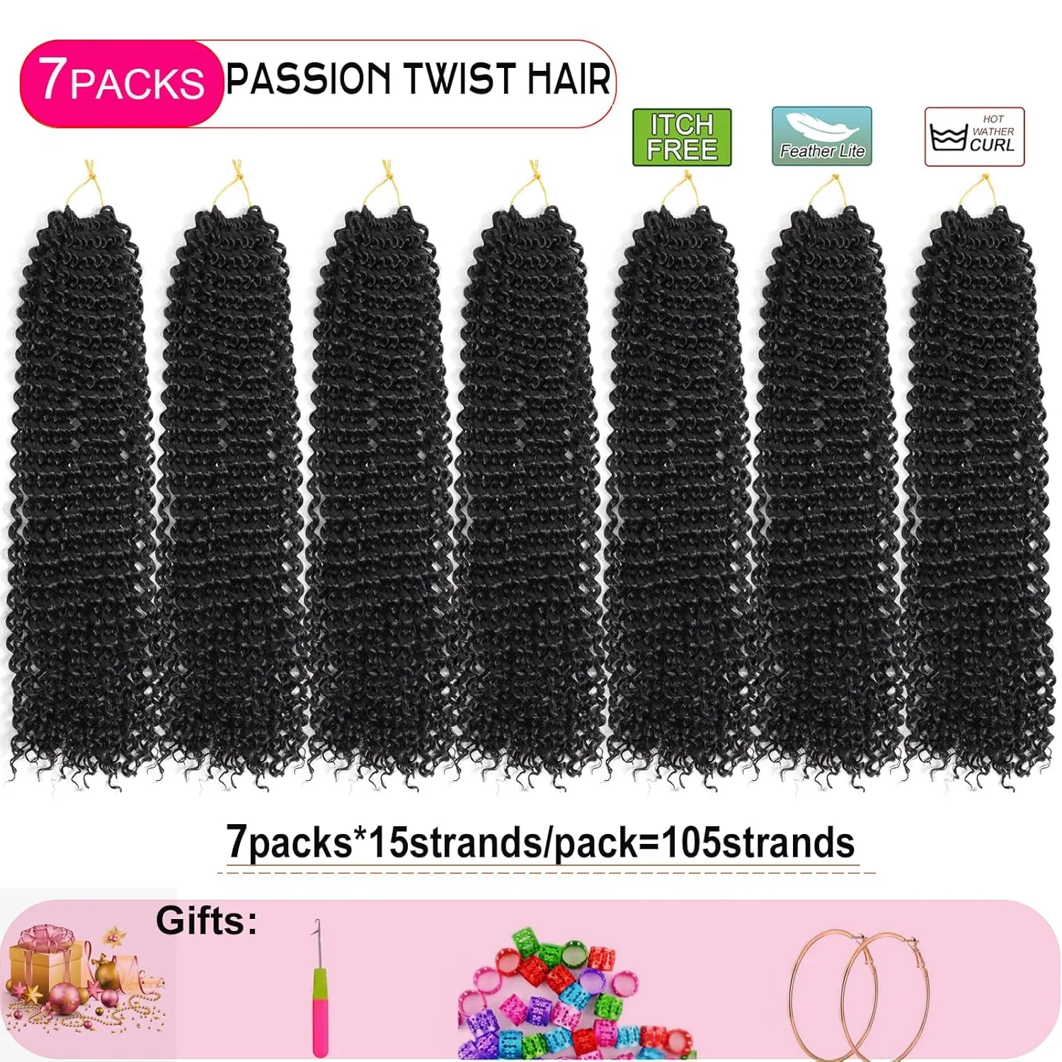 Passion Twist Hair 14 Inch 7 Packs Water Wave Crochet Hair Black Wrap Braiding Hair For Passion Twist Crochet Hair/Soft Locs/Butterfly Locs/Spring Twist Hair Crochet Braids Extension (14 Inch, 1#)