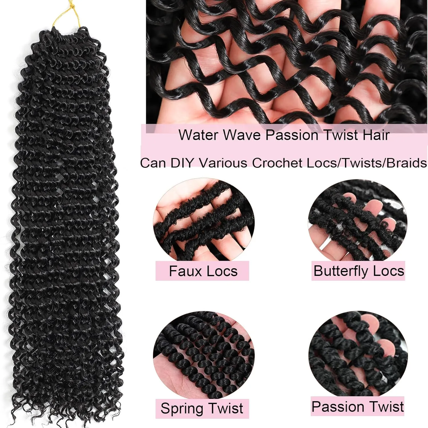 Passion Twist Hair 14 Inch 7 Packs Water Wave Crochet Hair Black Wrap Braiding Hair For Passion Twist Crochet Hair/Soft Locs/Butterfly Locs/Spring Twist Hair Crochet Braids Extension (14 Inch, 1#)