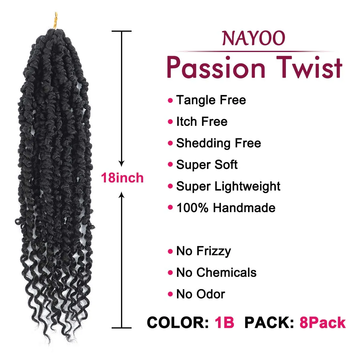 Passion Twist Hair - 8 Packs 18 Inch Passion Twist Crochet Hair For Women, Crochet Pretwisted Curly Hair Passion Twists Synthetic Braiding Hair Extensions (18 Inch 8 Packs, 1B)