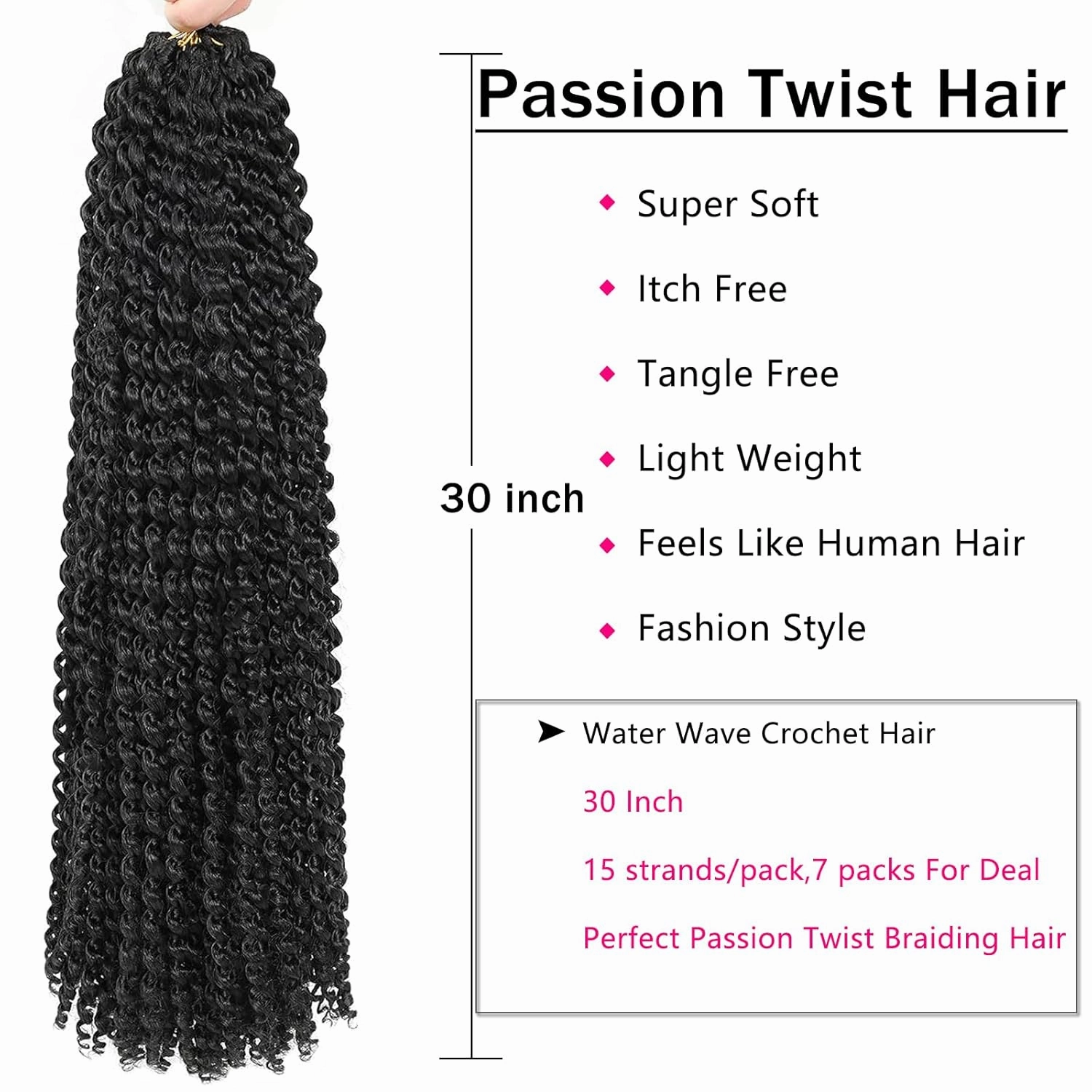 Passion Twist Hair 30 Inch 7 Packs Water Wave Crochet Hair Black Wrap Braiding Hair For Passion Twist Crochet Hair/Butterfly Locs/Spring Twist Crochet Braids Boho Hair Extension (30inch,7pc,1B#)