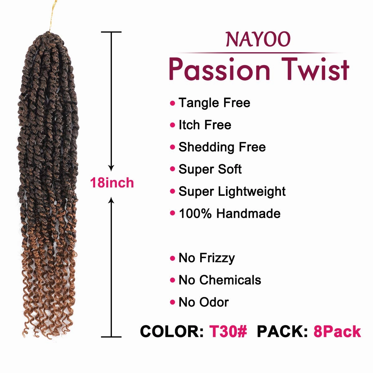 Passion Twist Hair - 8 Packs 18 Inch Passion Twist Crochet Hair For Women, Crochet Pretwisted Curly Hair Passion Twists Synthetic Braiding Hair Extensions (18 Inch 8 Packs, T30)