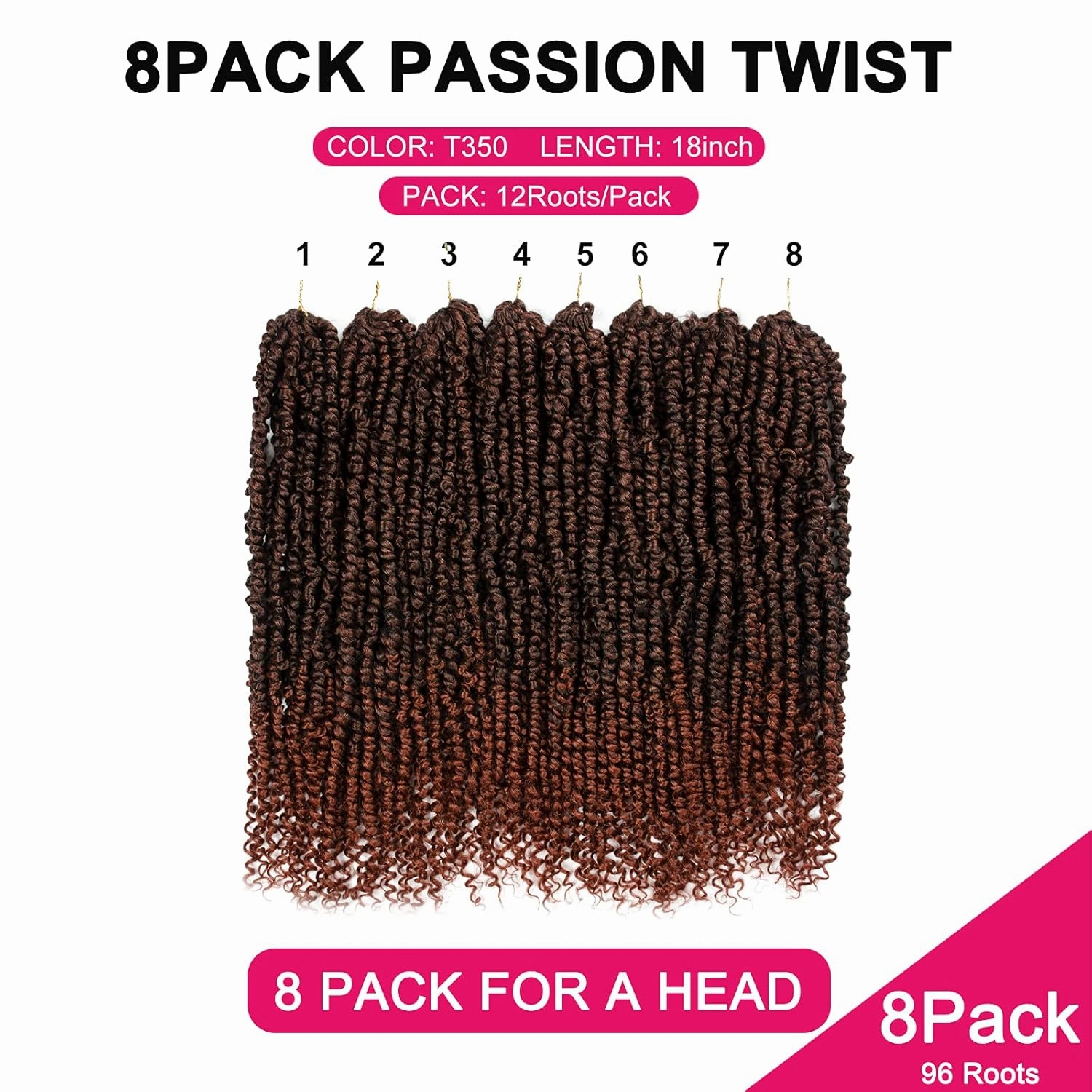 Passion Twist Hair - 8 Packs 18 Inch Passion Twist Crochet Hair For Women, Crochet Pretwisted Curly Hair Passion Twists Synthetic Braiding Hair Extensions (18 Inch 8 Packs, T350)