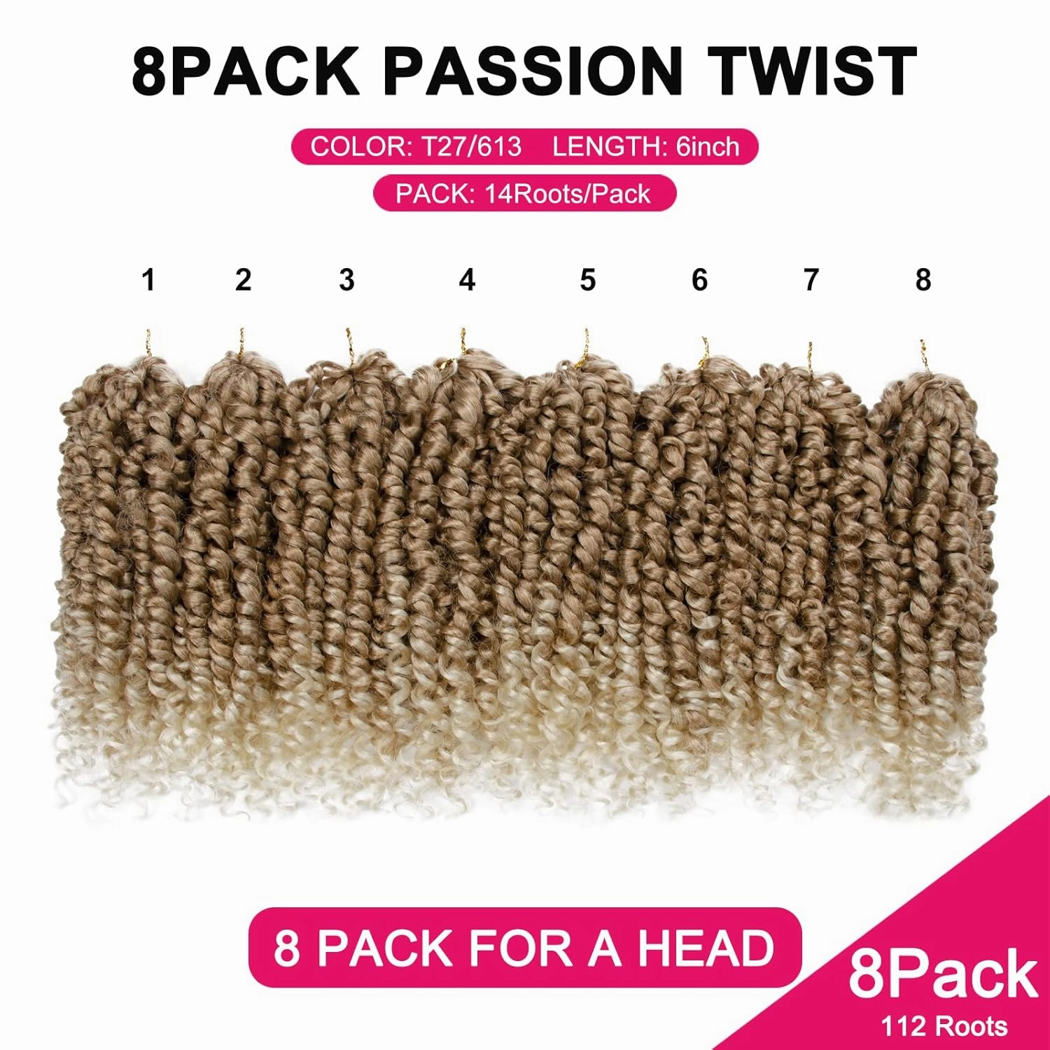 Passion Twist Hair For Kids- 8 Packs 6 Inch Passion Twist Crochet Hair For Women, Crochet Pretwisted Curly Hair Passion Twists Synthetic Braiding Hair Extensions(6 Inch 8 Packs, T27/613)
