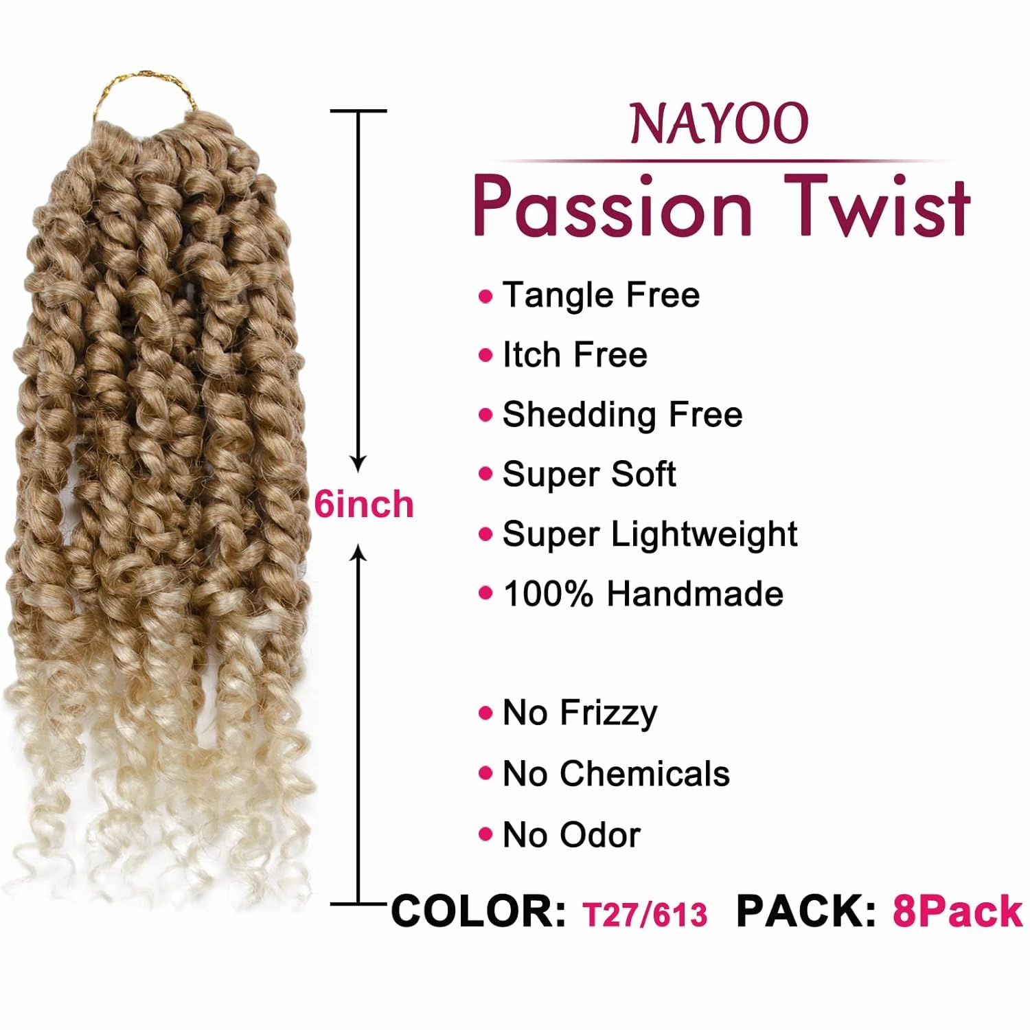 Passion Twist Hair For Kids- 8 Packs 6 Inch Passion Twist Crochet Hair For Women, Crochet Pretwisted Curly Hair Passion Twists Synthetic Braiding Hair Extensions(6 Inch 8 Packs, T27/613)