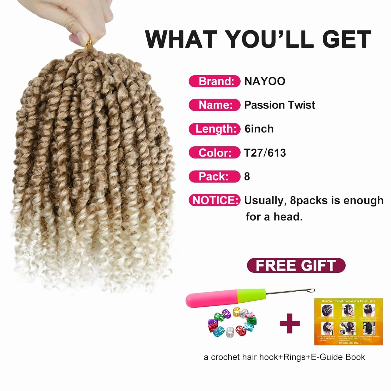 Passion Twist Hair For Kids- 8 Packs 6 Inch Passion Twist Crochet Hair For Women, Crochet Pretwisted Curly Hair Passion Twists Synthetic Braiding Hair Extensions(6 Inch 8 Packs, T27/613)