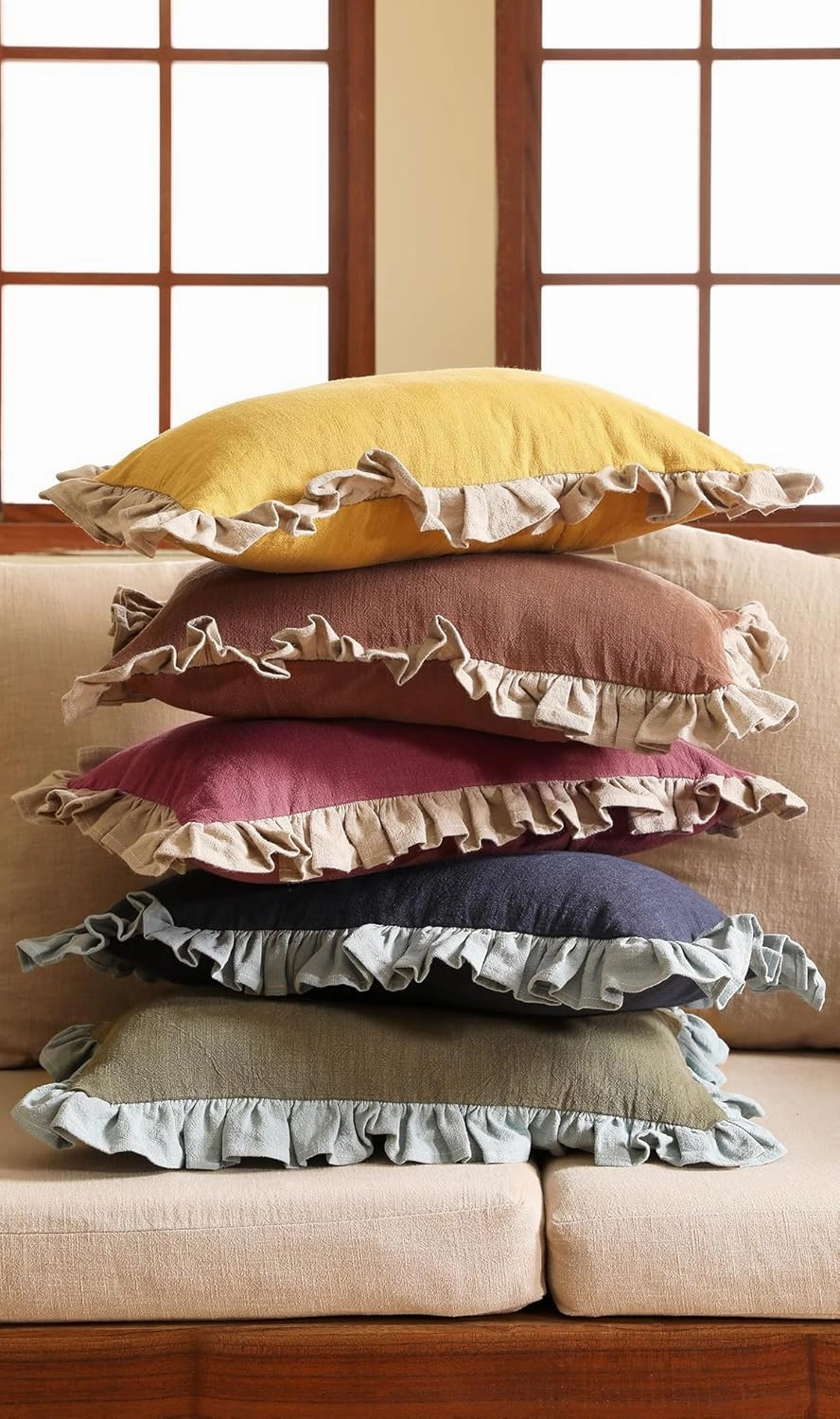 patdrea Brown Tan Shabby Chic Throw Pillow Covers 12x20 Set of 2,Farmhouse Linen Pillow Covers with Ruffles,Rectangle Sturdy Throw Pillow Case for Couch Sofa Bed Living Room
