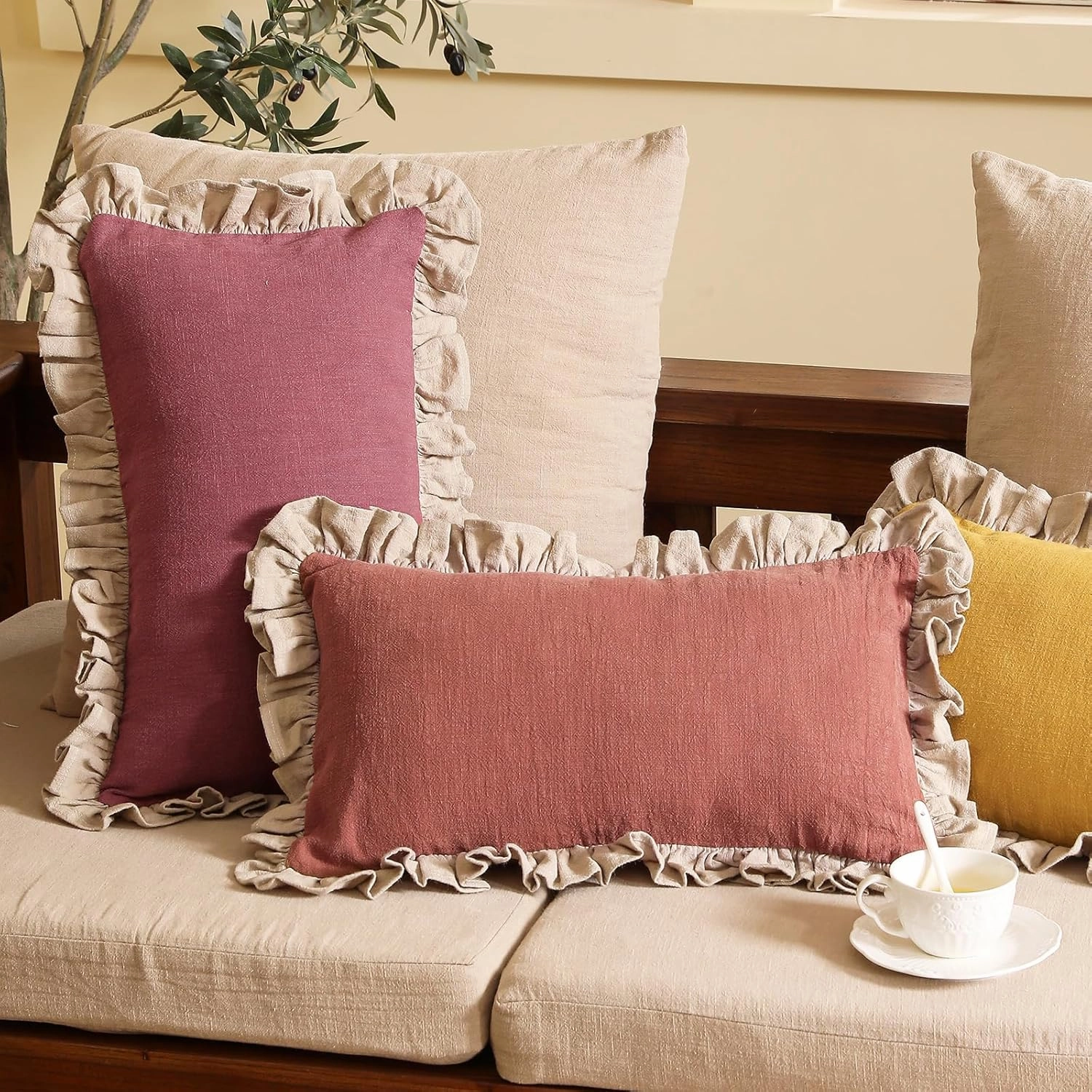 patdrea Brown Tan Shabby Chic Throw Pillow Covers 12x20 Set of 2,Farmhouse Linen Pillow Covers with Ruffles,Rectangle Sturdy Throw Pillow Case for Couch Sofa Bed Living Room