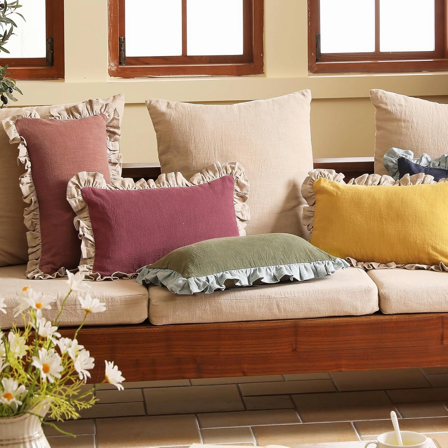 patdrea Brown Tan Shabby Chic Throw Pillow Covers 12x20 Set of 2,Farmhouse Linen Pillow Covers with Ruffles,Rectangle Sturdy Throw Pillow Case for Couch Sofa Bed Living Room