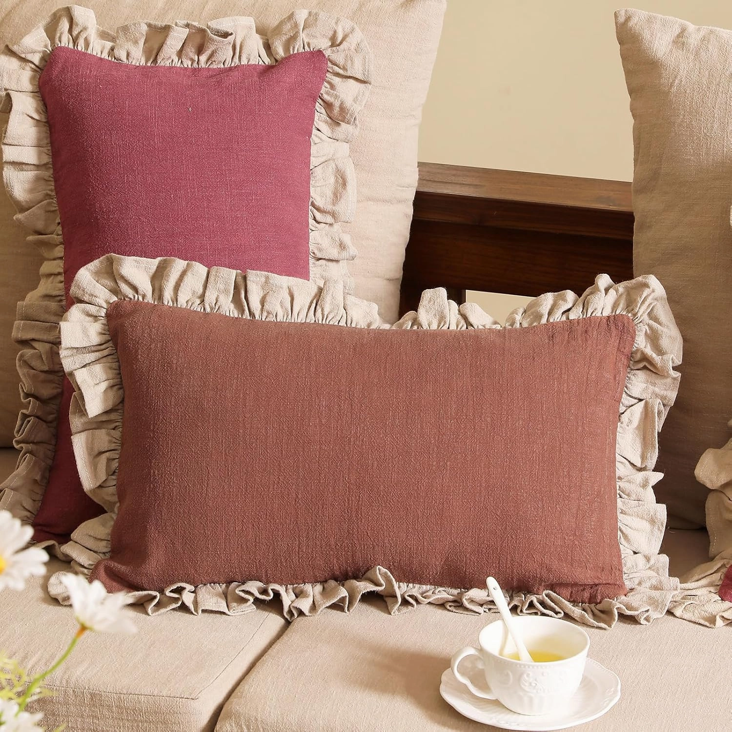 patdrea Brown Tan Shabby Chic Throw Pillow Covers 12x20 Set of 2,Farmhouse Linen Pillow Covers with Ruffles,Rectangle Sturdy Throw Pillow Case for Couch Sofa Bed Living Room