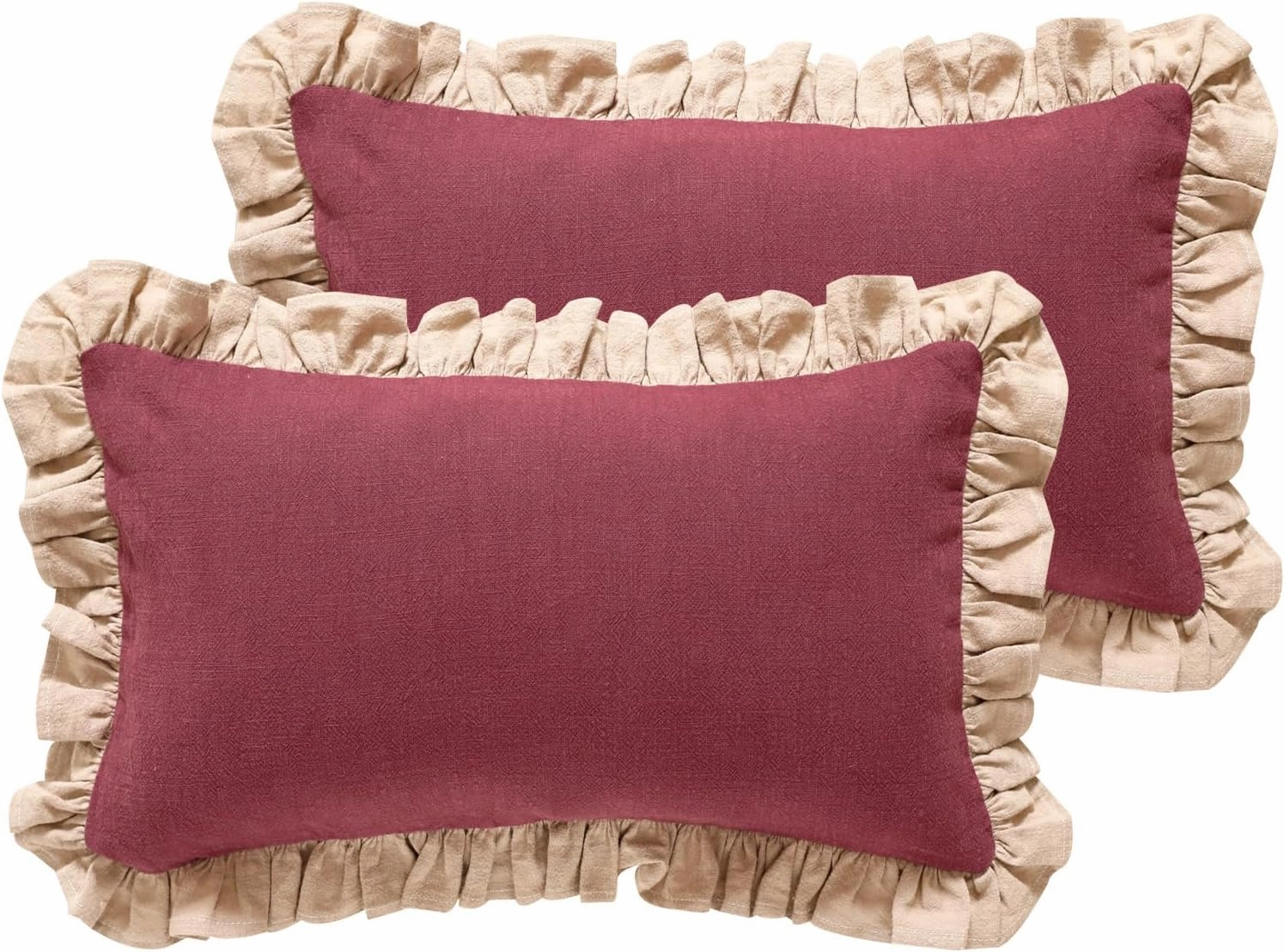 patdrea Red Shabby Chic Decorative Throw Pillow Covers 12x20 Set of 2,Farmhouse Linen Pillow Covers with Ruffles,Rectangle Sturdy Throw Pillow Case for Couch Sofa Bed Living Room