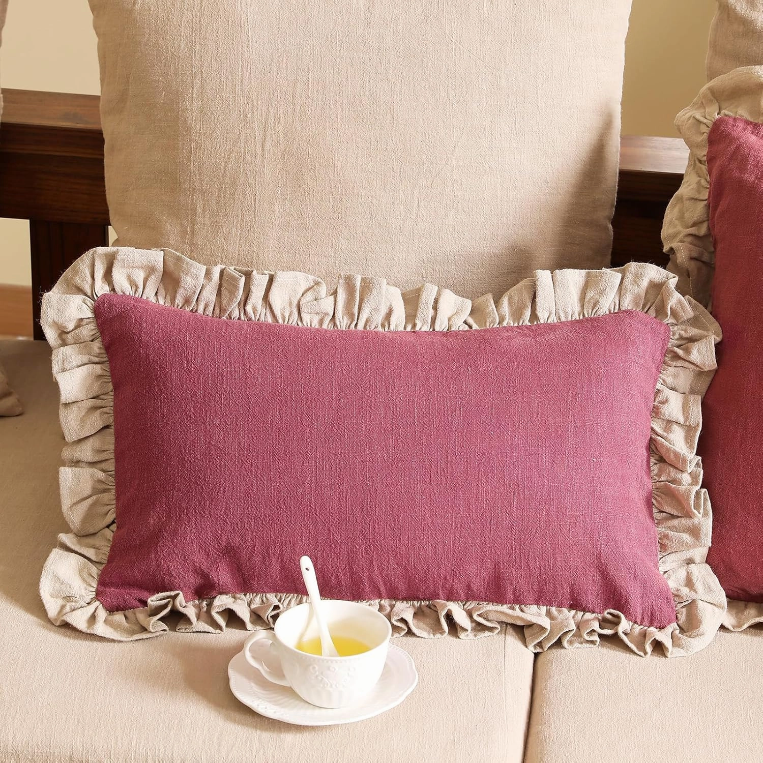 patdrea Red Shabby Chic Decorative Throw Pillow Covers 12x20 Set of 2,Farmhouse Linen Pillow Covers with Ruffles,Rectangle Sturdy Throw Pillow Case for Couch Sofa Bed Living Room