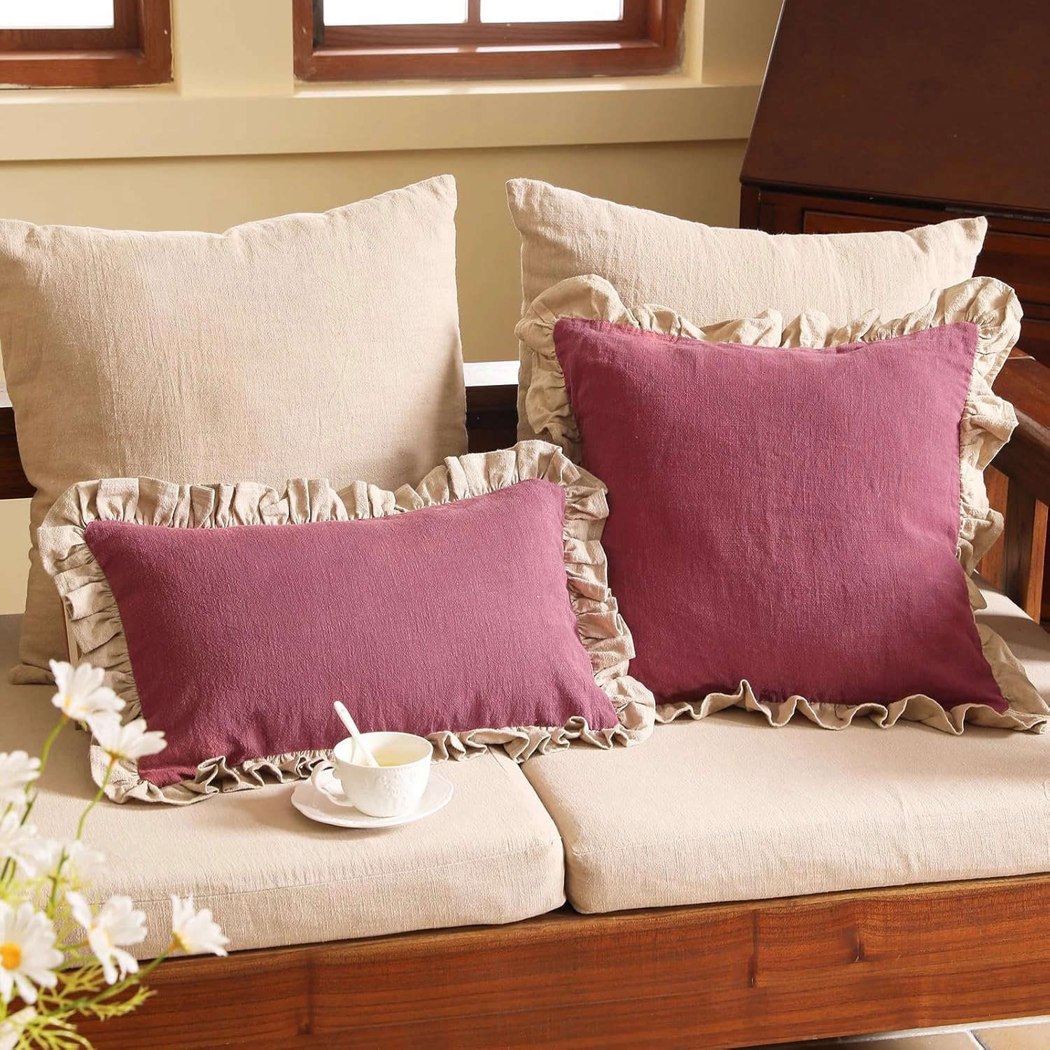 patdrea Red Shabby Chic Decorative Throw Pillow Covers 12x20 Set of 2,Farmhouse Linen Pillow Covers with Ruffles,Rectangle Sturdy Throw Pillow Case for Couch Sofa Bed Living Room