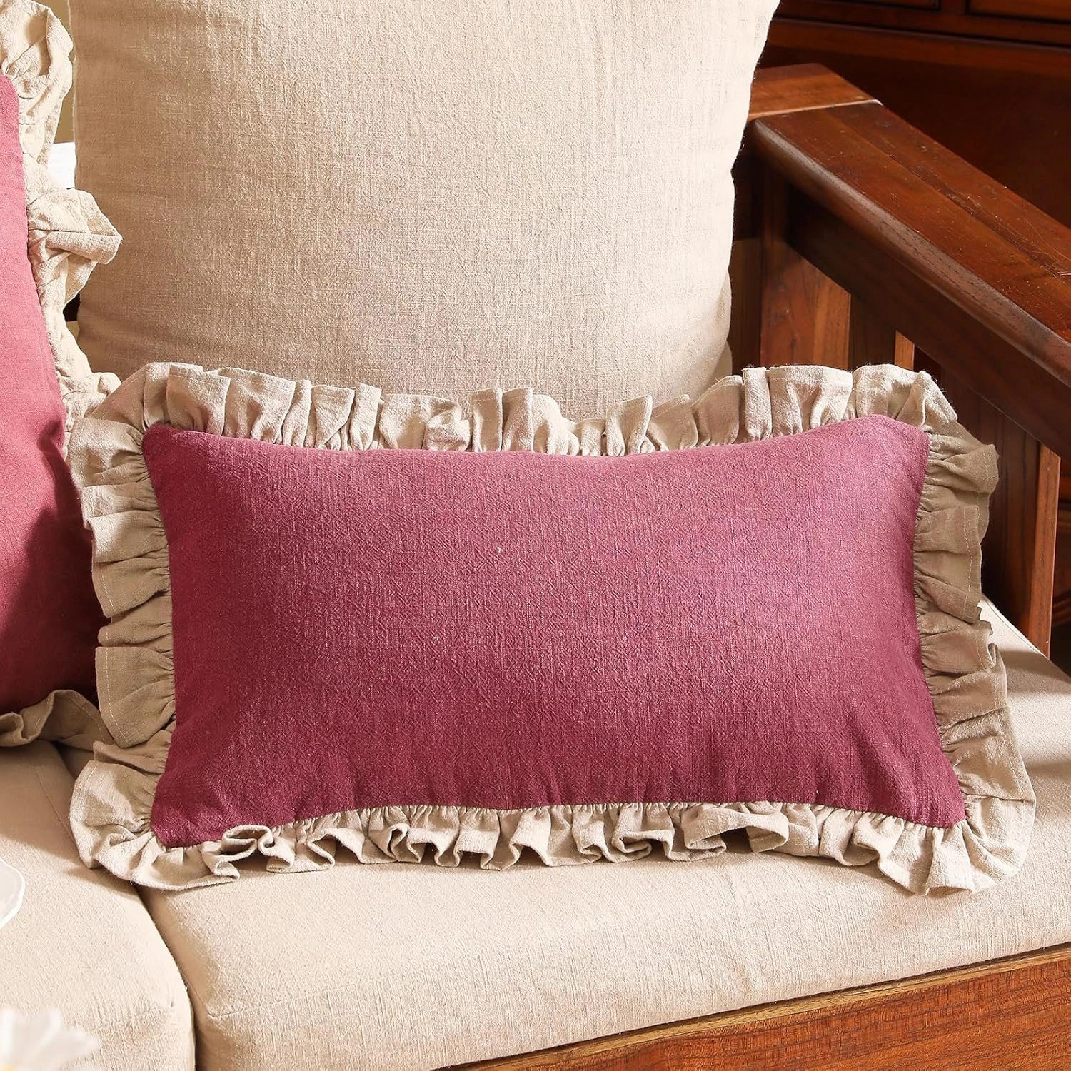 patdrea Red Shabby Chic Decorative Throw Pillow Covers 12x20 Set of 2,Farmhouse Linen Pillow Covers with Ruffles,Rectangle Sturdy Throw Pillow Case for Couch Sofa Bed Living Room