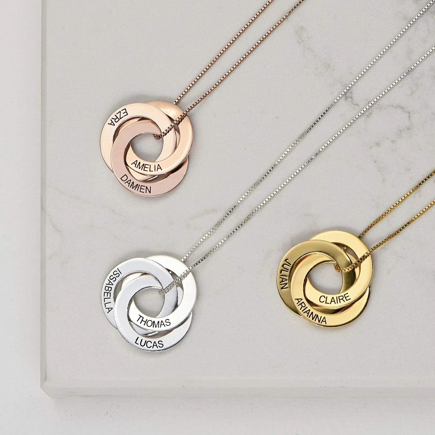 Personalized Russian Rings Necklace with Inscriptions - Two, Three, Four or Five Custom Pendant - Dainty Gift for Her, Women - Jewelry for Mother's Day, Christmas, Birthday