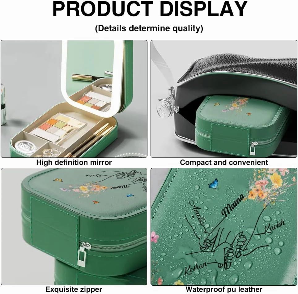 Personalized Best Mom Ever Travel Makeup Bag With LED Mirror Leather, Custom Name Makeup Organizer Portable Jewelry Organizer Case Valentine's, Birthday, Christmas Gifts for Women