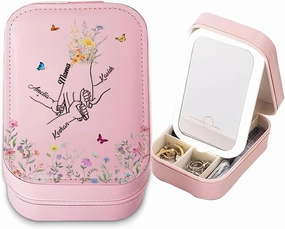 Personalized Best Mom Ever Travel Makeup Bag With LED Mirror Leather, Custom Name Makeup Organizer Portable Jewelry Organizer Case Valentine's, Birthday, Christmas Gifts for Women