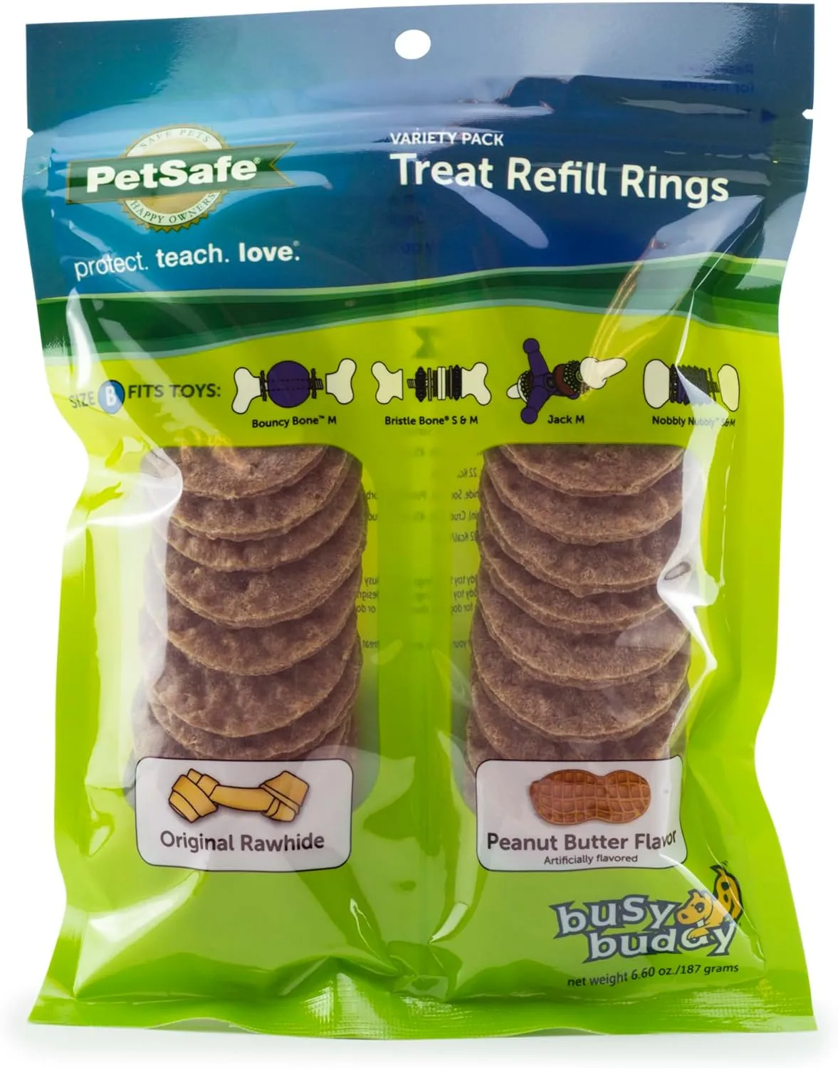 PetSafe Rawhide Busy Buddy Dog Treat Ring Refills (24 Treat Refills) Peanut Butter Dog Treats Rawhide Material, Original Flavor, Resealable Bag Feature, Size B Rings