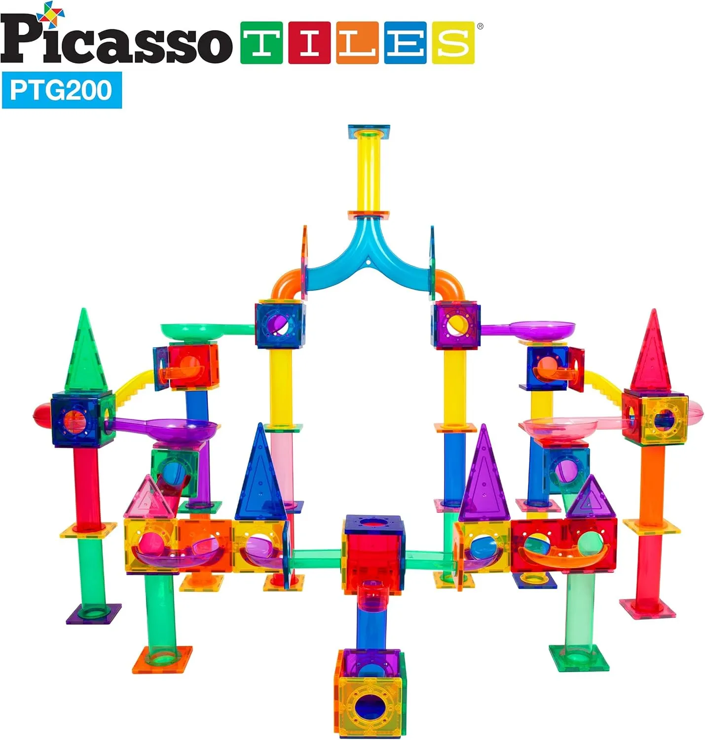 PicassoTiles 200 Piece Magnetic Marble Run Marbles for Kids Race Track Toy Set Marble Maze Sensory Toys for Toddlers STEM Educational Magnet Building Blocks Construction Building Tiles Boys Girls 3 