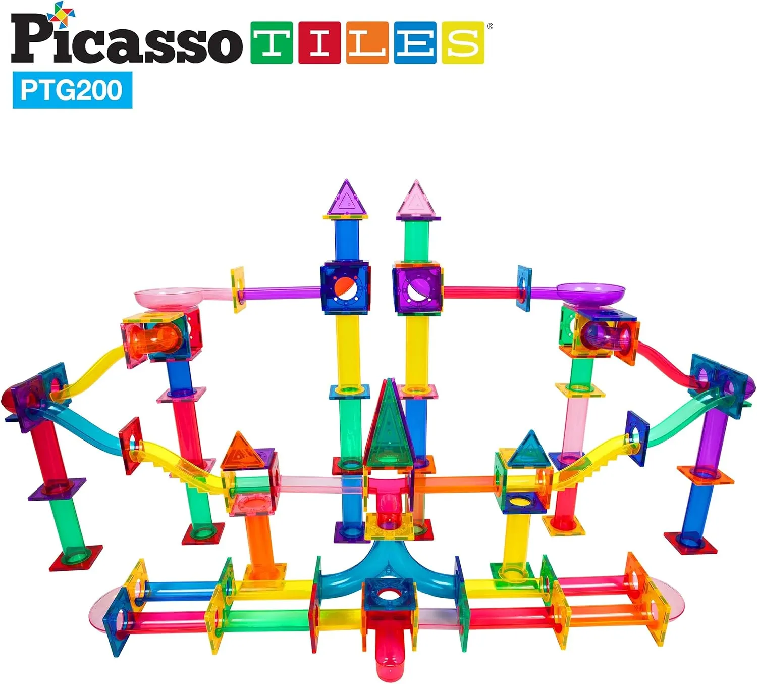 PicassoTiles 200 Piece Magnetic Marble Run Marbles for Kids Race Track Toy Set Marble Maze Sensory Toys for Toddlers STEM Educational Magnet Building Blocks Construction Building Tiles Boys Girls 3 