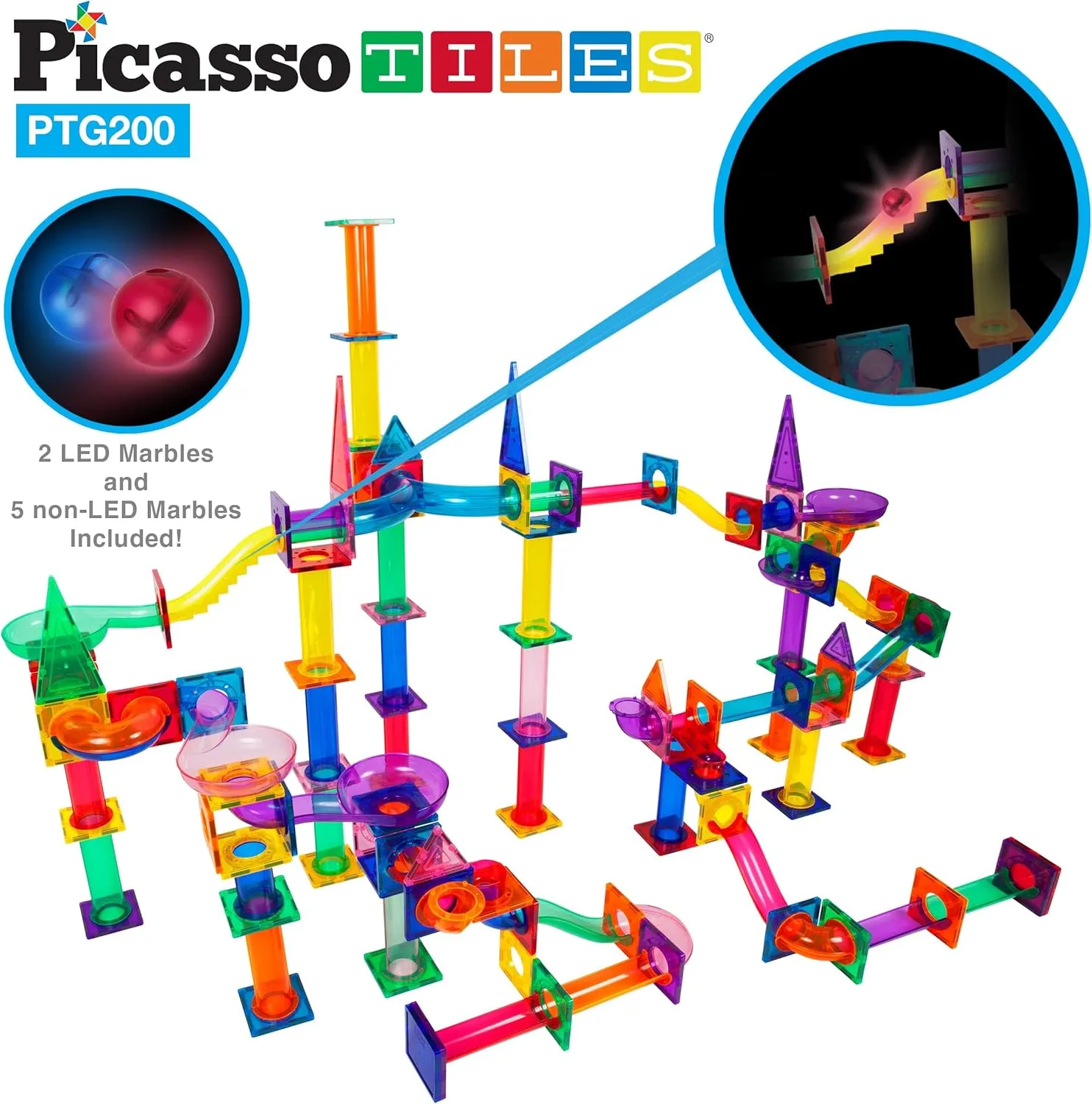PicassoTiles 200 Piece Magnetic Marble Run Marbles for Kids Race Track Toy Set Marble Maze Sensory Toys for Toddlers STEM Educational Magnet Building Blocks Construction Building Tiles Boys Girls 3 
