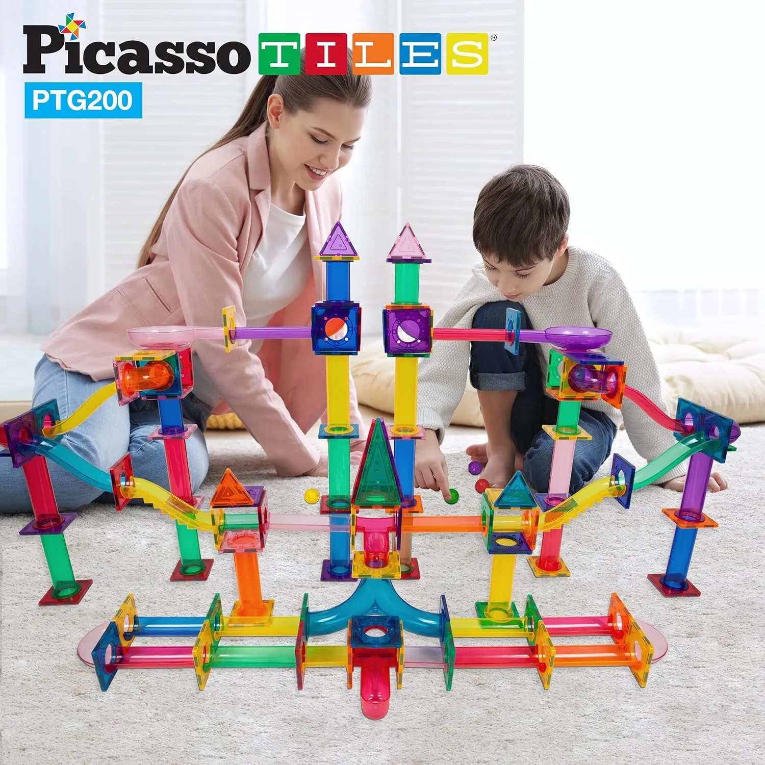 PicassoTiles 200 Piece Magnetic Marble Run Marbles for Kids Race Track Toy Set Marble Maze Sensory Toys for Toddlers STEM Educational Magnet Building Blocks Construction Building Tiles Boys Girls 3 