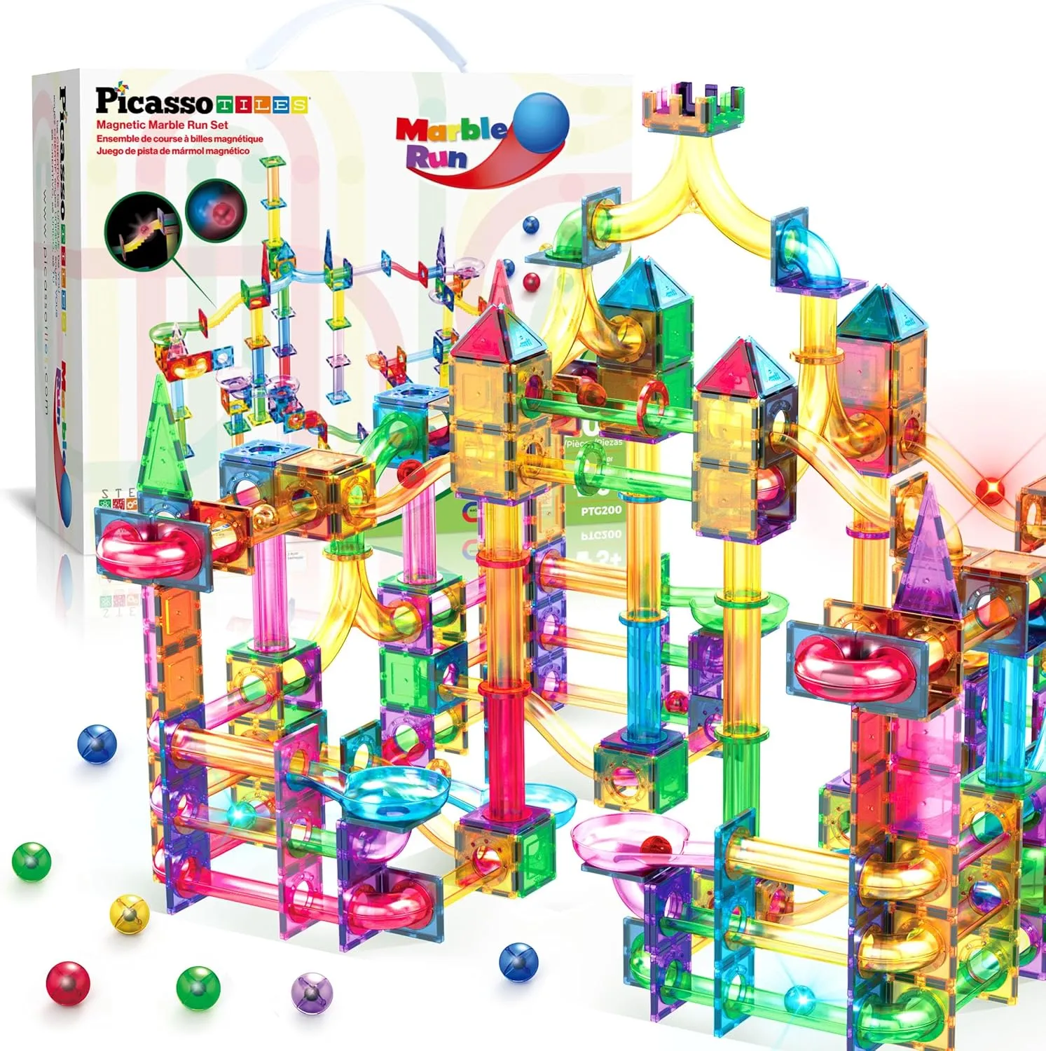 PicassoTiles 200 Piece Magnetic Marble Run Marbles for Kids Race Track Toy Set Marble Maze Sensory Toys for Toddlers STEM Educational Magnet Building Blocks Construction Building Tiles Boys Girls 3 