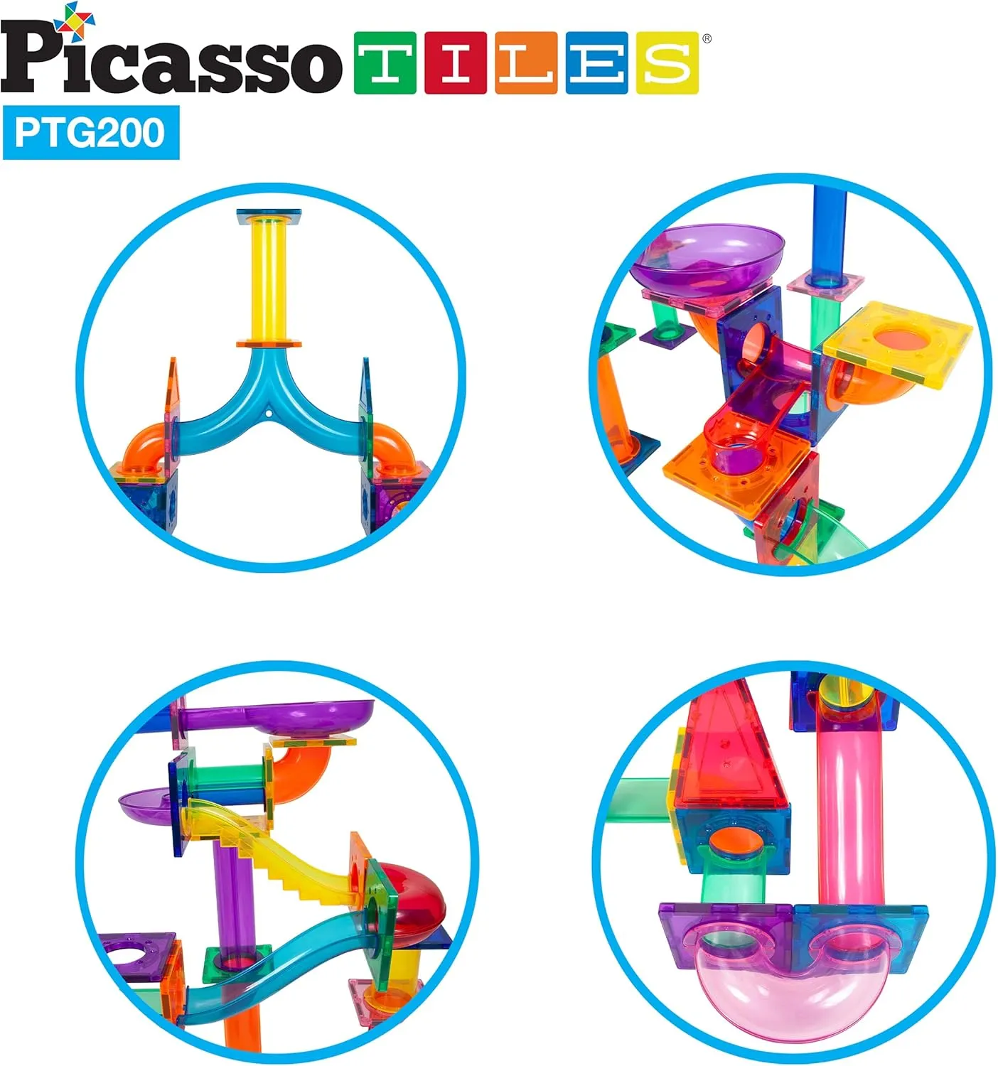 PicassoTiles 200 Piece Magnetic Marble Run Marbles for Kids Race Track Toy Set Marble Maze Sensory Toys for Toddlers STEM Educational Magnet Building Blocks Construction Building Tiles Boys Girls 3 
