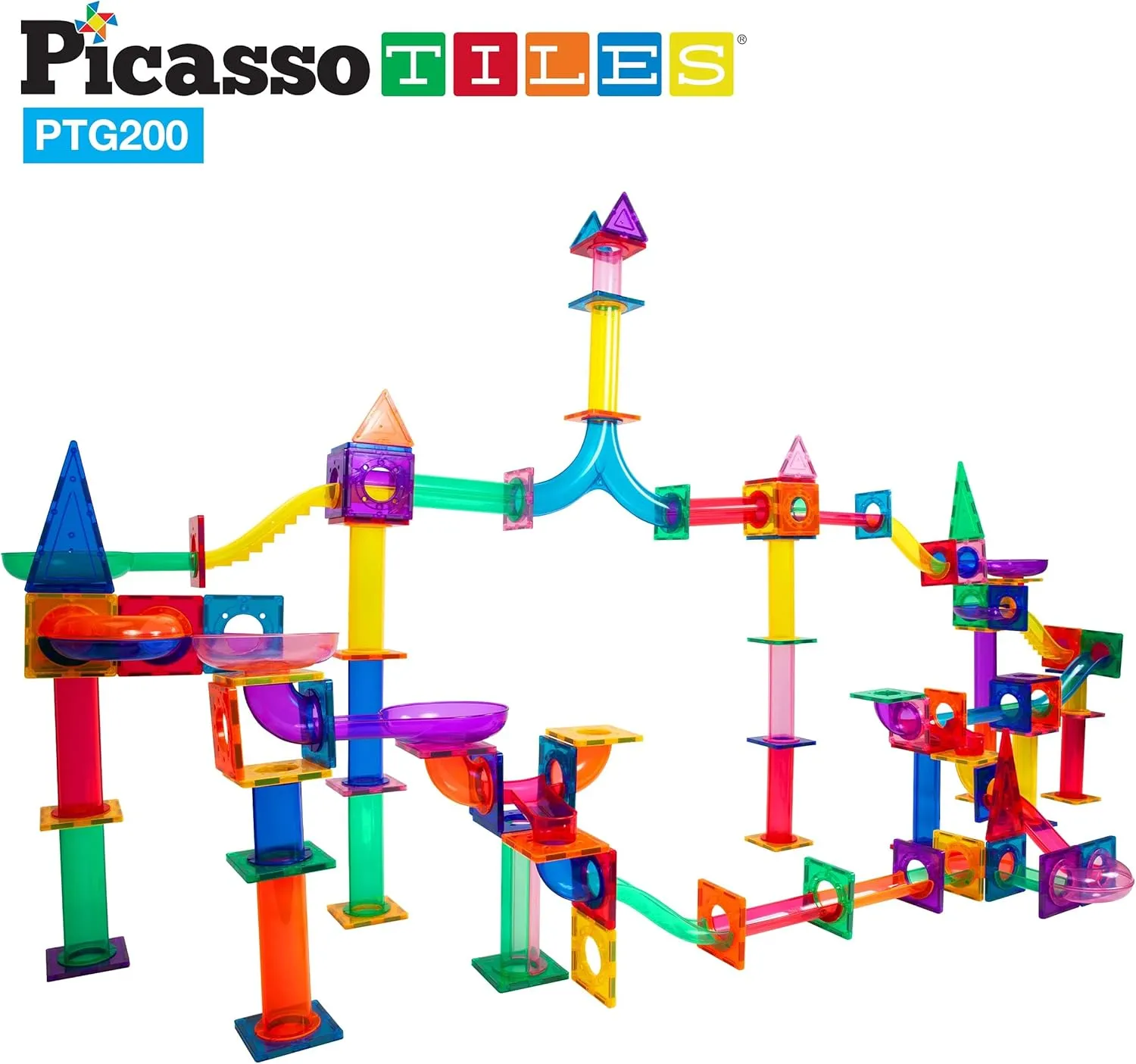 PicassoTiles 200 Piece Magnetic Marble Run Marbles for Kids Race Track Toy Set Marble Maze Sensory Toys for Toddlers STEM Educational Magnet Building Blocks Construction Building Tiles Boys Girls 3 