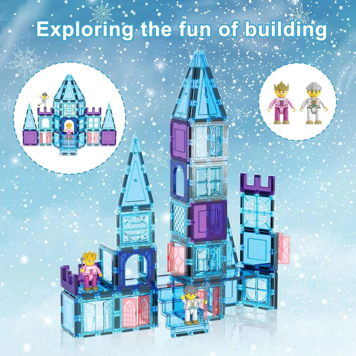 PicasssoTiles 72 Piece Magnetic Building Tiles Castle Winter Ice Theme Construction Magnet Block Set with Princess Prince Character Stairs Windows Doors STEM Learning Educational Toy Kids Ages 3  PT72