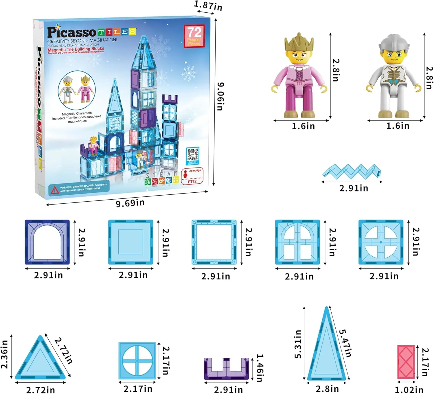 PicasssoTiles 72 Piece Magnetic Building Tiles Castle Winter Ice Theme Construction Magnet Block Set with Princess Prince Character Stairs Windows Doors STEM Learning Educational Toy Kids Ages 3  PT72