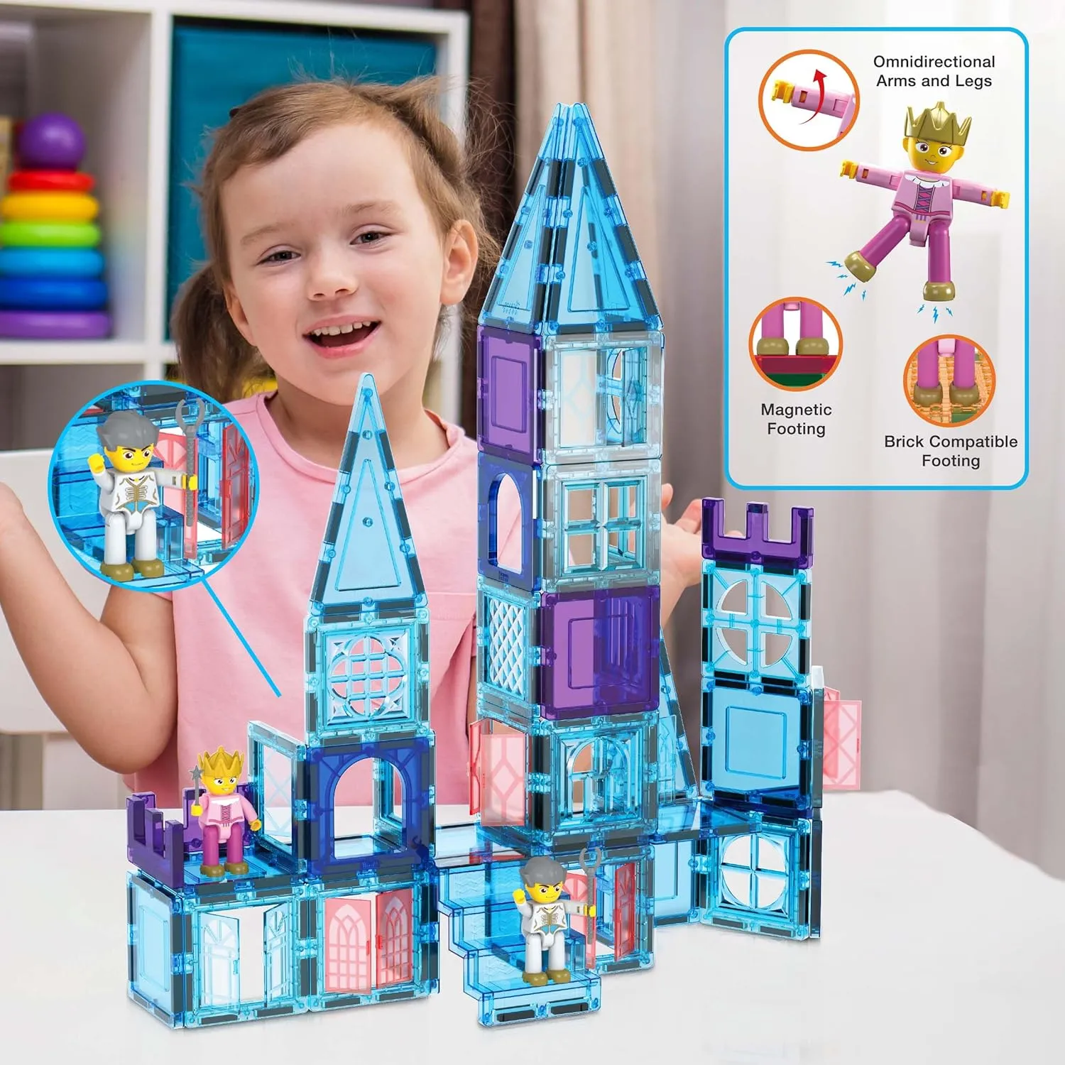 PicasssoTiles 72 Piece Magnetic Building Tiles Castle Winter Ice Theme Construction Magnet Block Set with Princess Prince Character Stairs Windows Doors STEM Learning Educational Toy Kids Ages 3  PT72