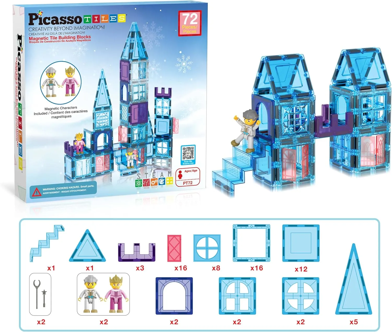 PicasssoTiles 72 Piece Magnetic Building Tiles Castle Winter Ice Theme Construction Magnet Block Set with Princess Prince Character Stairs Windows Doors STEM Learning Educational Toy Kids Ages 3  PT72