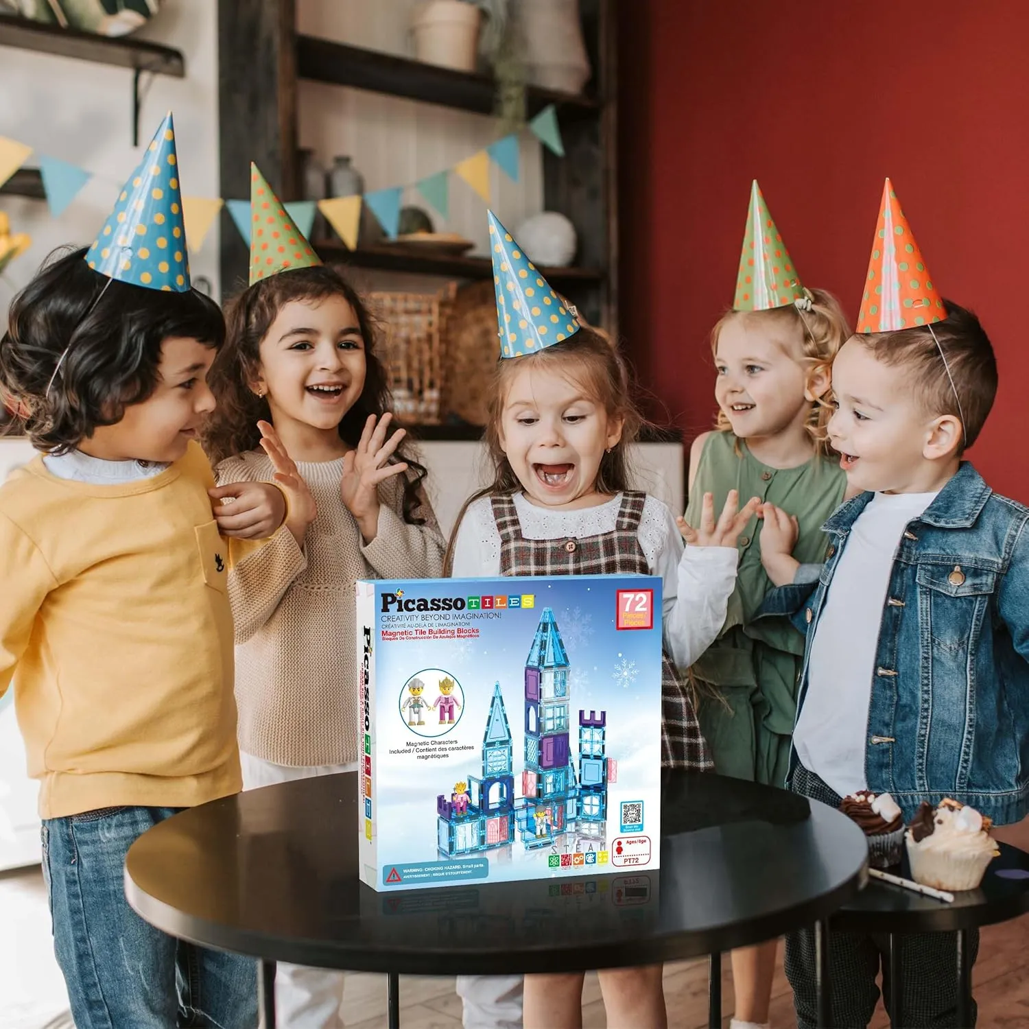 PicasssoTiles 72 Piece Magnetic Building Tiles Castle Winter Ice Theme Construction Magnet Block Set with Princess Prince Character Stairs Windows Doors STEM Learning Educational Toy Kids Ages 3  PT72