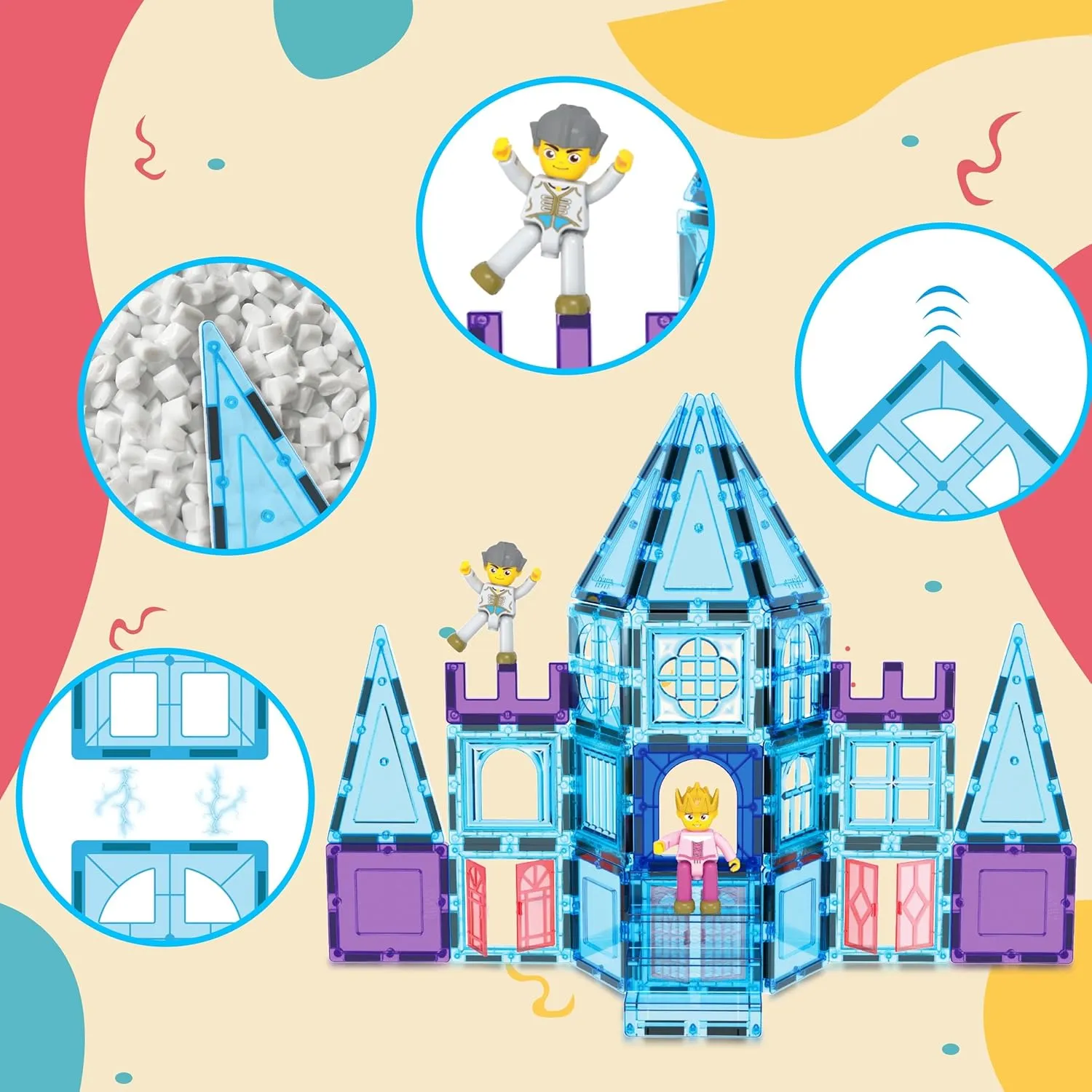 PicasssoTiles 72 Piece Magnetic Building Tiles Castle Winter Ice Theme Construction Magnet Block Set with Princess Prince Character Stairs Windows Doors STEM Learning Educational Toy Kids Ages 3  PT72