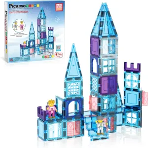PicasssoTiles 72 Piece Magnetic Building Tiles Castle Winter Ice Theme Construction Magnet Block Set with Princess Prince Character Stairs Windows Doors STEM Learning Educational Toy Kids Ages 3  PT72