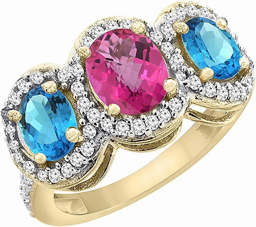 PIERA 10K Yellow Gold Natural Pink Sapphire & Swiss Blue Topaz 3-Stone Ring Oval Diamond Accent, Sizes 5-10